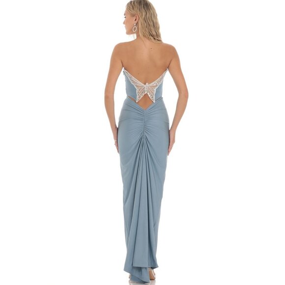 Lucy in the Sky Blue Strapless Butterfly Back Gown  Brand: Lucy in the Sky  Dust - Picture 1 of 4